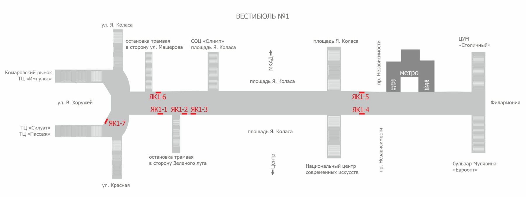 Схема расположения рекламных мест в переходе метро ст.м площадь Якуба Колоса reklama-on.by
